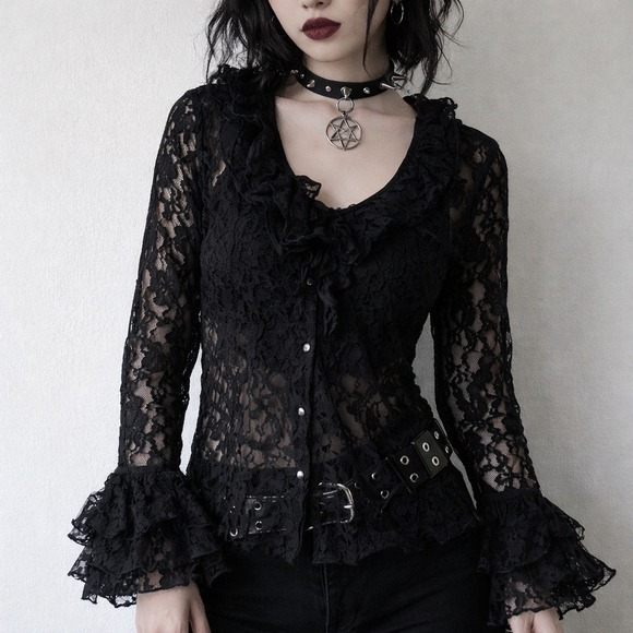 White Stag Tops - Y2K Black Lace Ruffle Goth Romantic Sheer Blouse Small Layered Fairy Grunge Top